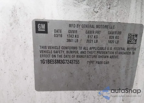 2016 Chevrolet Cruze Lt Auto z USA, uszkodzony, nr VIN 1G1BE5SM3G7243755